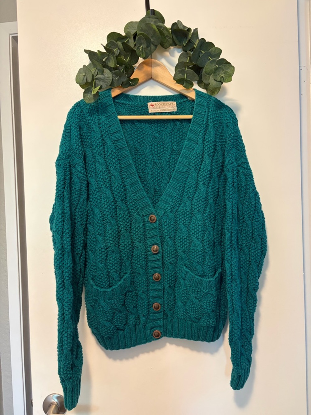 Handknit Cable Button Cardigan in Teal
